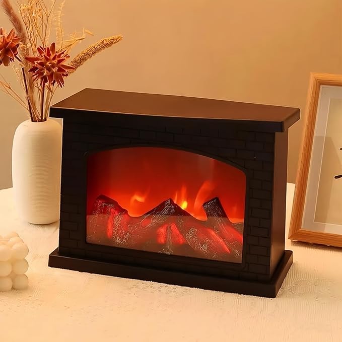 Simulated LED Fireplace Lantern USB & Battery Powered Flameless Light with Simulation Flame Table Decorative Lamp Mini Fireplace Ornament for Cozy Home Decor Free Standing Electric Log Burner