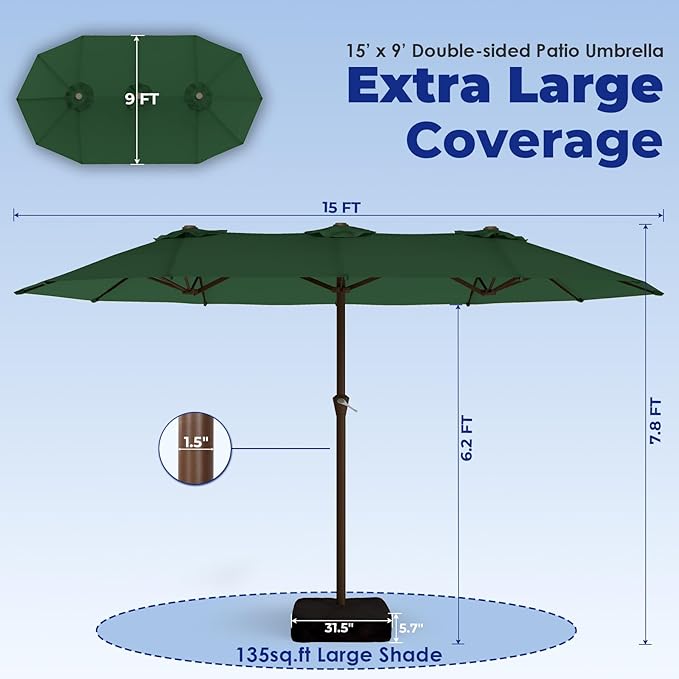 BRIOPAWS 15-FT-Large-Patio-Umbrella-with-Base | Double-Sided | Outdoor Table Umbrellas | w/Crank Handle | 12 Sturdy Fiberglass Rib | UV-Protection | for Garden Deck Backyard Pool | Forest Green