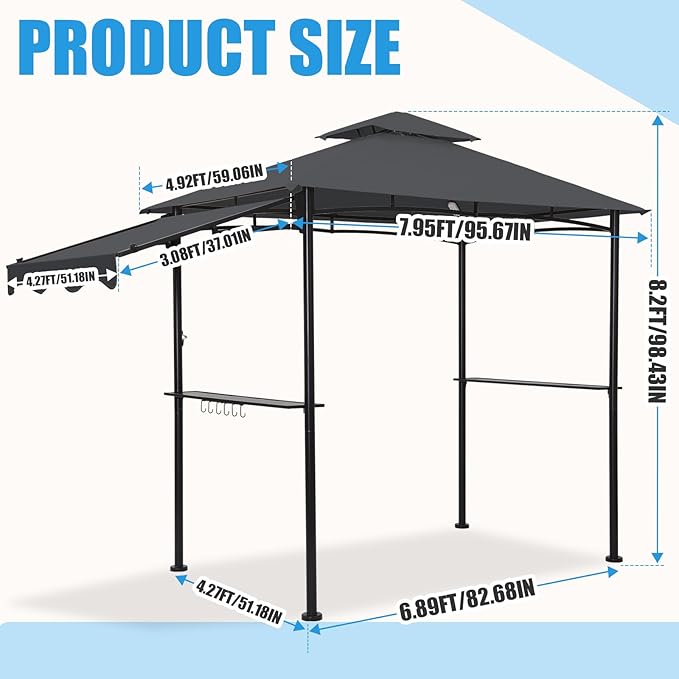 FAB BASED 5x8 Grill Gazebo with Extra Awning, All-Weather Steel Construction, Double Tiered & Resistant Canopy Roof, Metal Serving Shelves, 2 LED, Bottle Opener for Patio, Backyard, BBQ (Dark Gray)