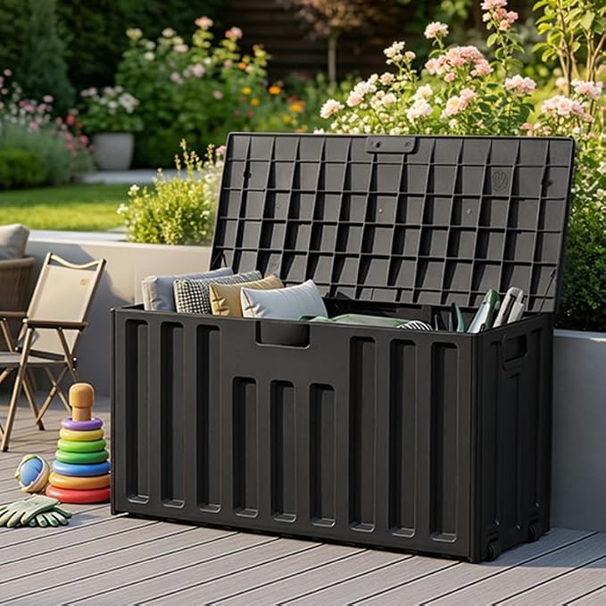 76 Gallon Outdoor Deck Box with Wheels & Lockable Lid - Waterproof UV Resistant Resin Storage Box, Patio Bench Container for Garden Tools, Pool Accessories, Backyard Porch & Patio Cushions (Black)