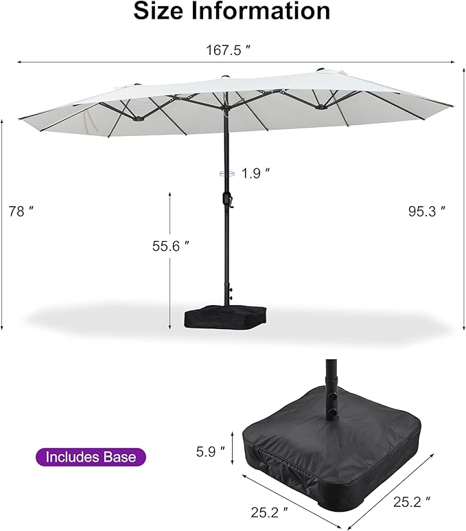 PURPLE LEAF 14ft Patio Market Umbrella with Base Double-Sided Rectangle Outdoor Table Sun Umbrellas with Crank 12 Heavy Duty Sturdy Ribs for Pool Beach Deck Backyard Cream