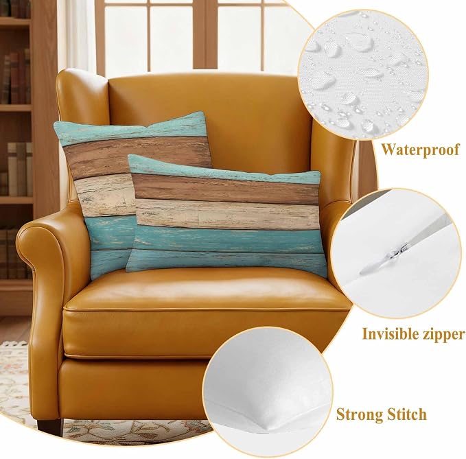 Farmhouse Aqua Brown Outdoor Waterproof Pillow Covers, Vintage Wooden Striped Decorative Square Throw Pillowcase Sofa Cushion Sham for Patio/Couch/Chair, 26"x26" 2 Pack