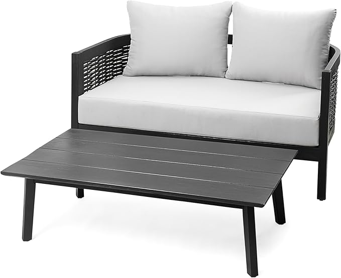 Merax Outdoor Acacia Wood Wicker Conversation Set 2 Seater with Loveseat and Coffetable for Backyard Garden
