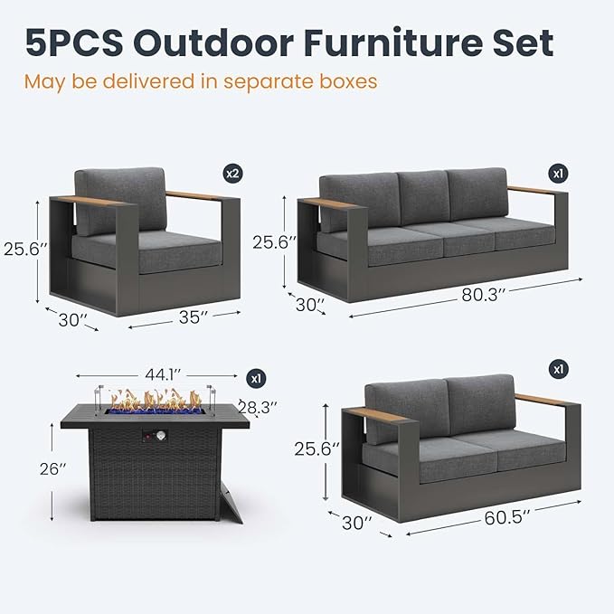 Aluminum Patio Furniture Set, 7 Seats Luxury Seating Furniture with 44" Fire Pit Table, All Weather Outdoor Conversation Sets with 6" Thickened Cushions