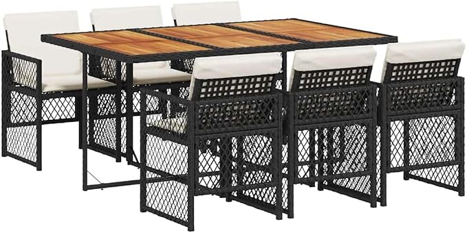 7 Piece Patio Dining Set with Acacia Wood Table and 6 Foldable PE Rattan Chairs, Black and Cream White for Outdoor Garden