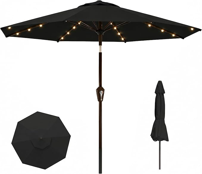 11FT Solar Lighted Patio Umbrella, Outdoor Table Market Umbrellas with Crank Lift, 32 LED Lights, 8 Sturdy Ribs, UV-Resistant for Deck, Garden, Pool
