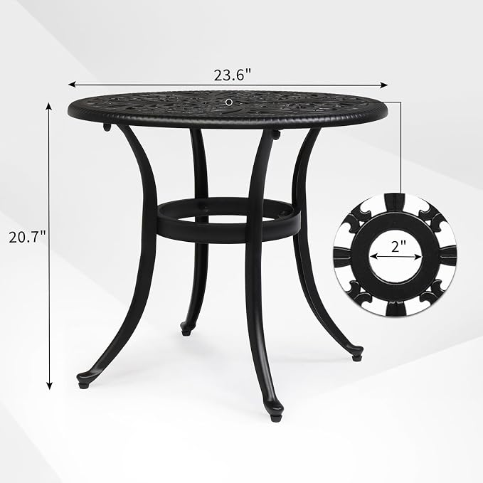 VINGLI 23.6" Cast Aluminum Round Patio Table with Umbrella Hole - All Weather Outdoor Bistro & End Table (Black)