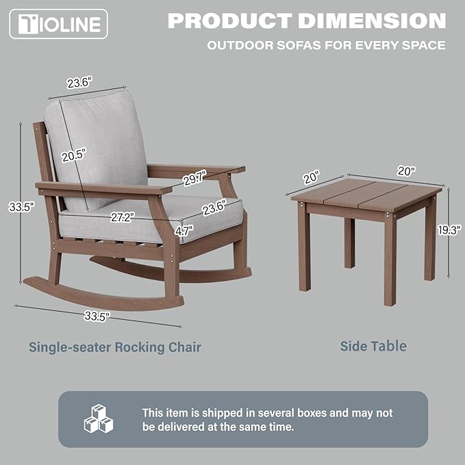 HDPE Patio Conversation Set, 3-Piece All Weather Outdoor Furniture Set with 2 Rocking Sofas for Deck, Lawn, with Cushion, Brown