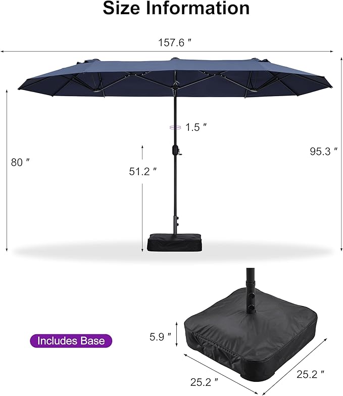 PURPLE LEAF 13ft Patio Market Umbrella with Base Double-Sided Rectangle Outdoor Table Sun Umbrellas with Crank 12 Heavy Duty Sturdy Ribs for Pool Beach Deck Backyard Navy Blue