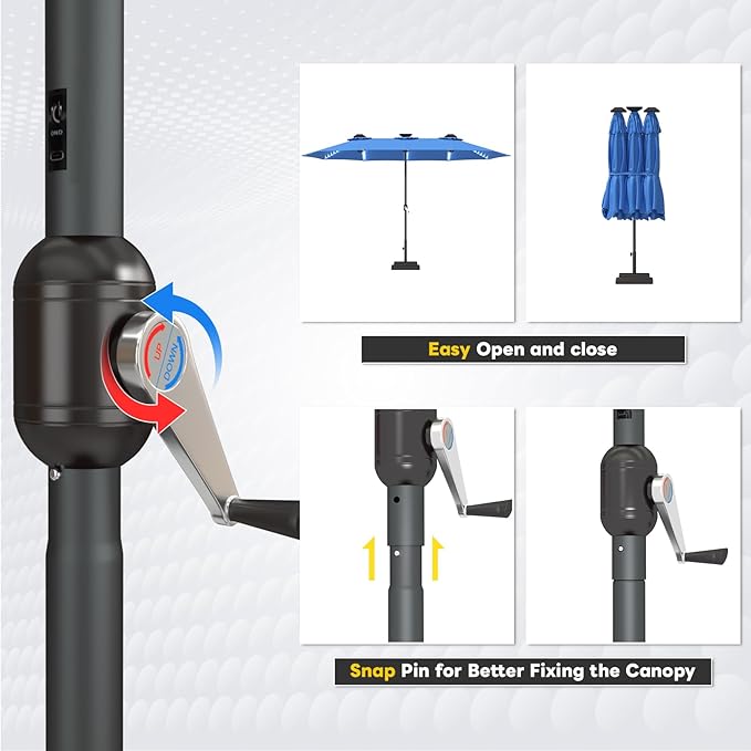 AECOJOY 15ft Patio Umbrella with Solar Lights, Large Patio Umbrella with Crank Handle and 156 PCS LED Lights, Outdoor Rectangular Market Umbrella for Backyard Deck Pool in Blue(1.9" Pole)