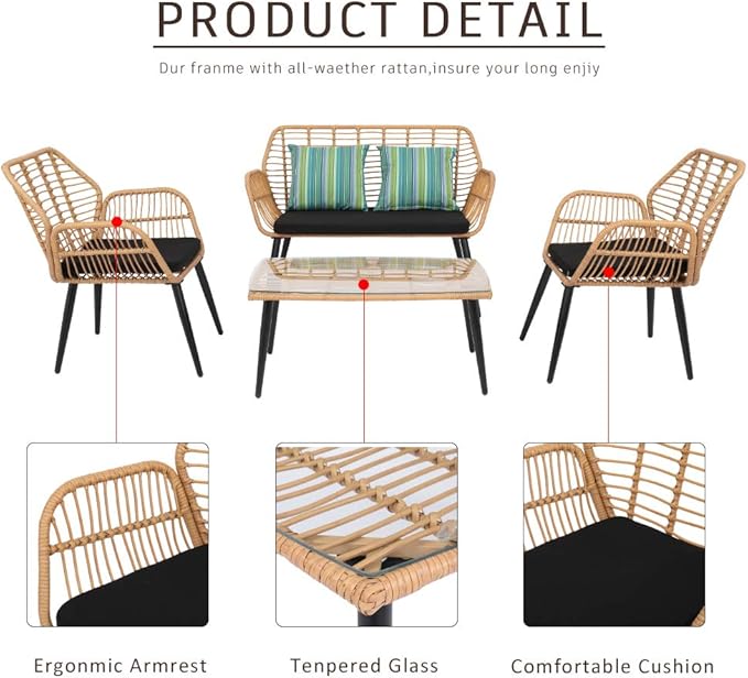 VINGLI 4 Pieces Outdoor Furniture Set Wicker, Rattan Patio Conversation Set with Cushions and Glass Coffee Table, Outdoor Sectional Sofa Set for Garden, Backyard, Poolside