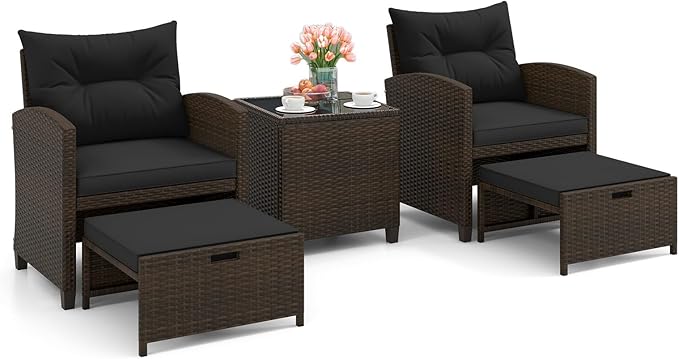 HAPPYGRILL 5-Piece Outdoor PE Rattan Conversation Set, Wicker Patio Furniture Set with Cushion, Ottoman & Coffee Table for Backyard Garden Poolside Lawn Deck Porch (Mix Brown & Black)