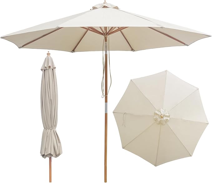 9FT/10FT Bamboo Patio Umbrella, Large Outdoor Umbrella with UPF 50+ Sun Protection, Rope Pulley Lift & Push-Button Tilt, 8-Rib Ventilated Canopy for Garden, Deck, Backyard & Outdoor Dining