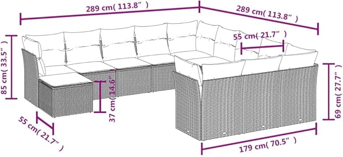 12 Piece Patio Sofa Set with Cushions, Garden Lounge Set Porch Furniture Set Sectional Sofa Patio Conversation Set for Poolside Garden Piazza Exhibition Black Poly Rattan