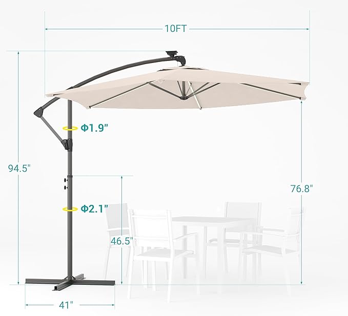 10ft Offset Patio Umbrella with Solar Light Strips,Outdoor Cantilever Hanging Umbrella with Cross Base, Fade Resistant Recycled Fabric, for Pool, Deck, Garden,Backyard,Beige