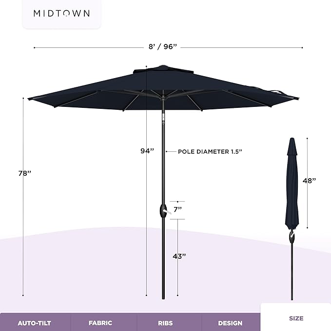 Midtown Umbrellas - The Lean 8 Ft Patio Umbrella with Fade-Resistant Sunbrella Fabric, Auto-Tilt Aluminum Frame and 8 Reinforced Ribs for Deck, Pool & Garden - Canvas Navy Canopy, Black Pole