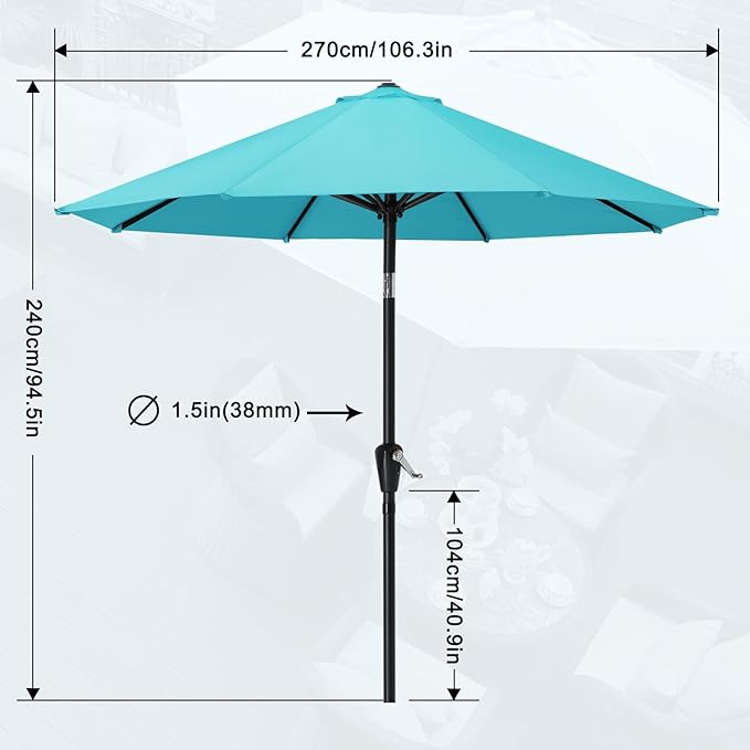 MASTERCANOPY 9FT Patio Umbrella with Push Button Tilt and Crank, Outdoor Market Umbrella with 8 Sturdy Ribs, UV Protection & Waterproof for Garden, Deck, Backyard, Pool (Turquoise)