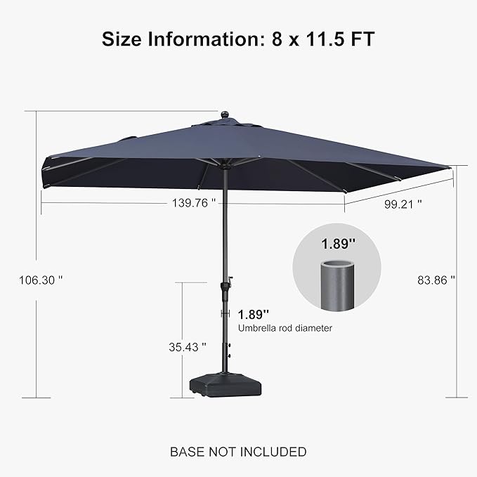 PURPLE LEAF 11.5' x 8' Patio Market Umbrella Outdoor Table Sun Umbrellas with Crank 8 Aluminum Sturdy Ribs for Pool Deck Backyard Beach Navy Blue
