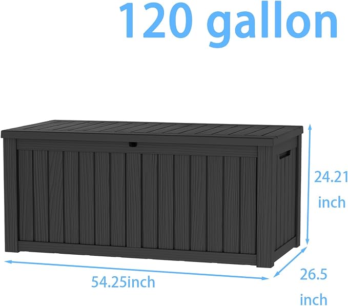 Pepe Tee 120 Gallon Waterproof Resin Deck Box, Outdoor Storage Bin for Patio Furniture Cushions, All-Weather Garden Organizer & Seating Bench, Black