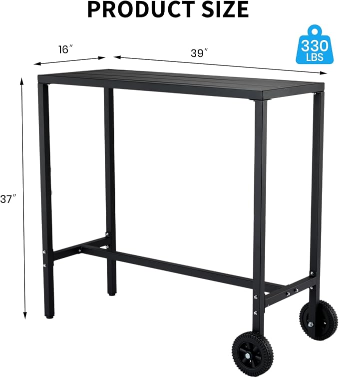 Takywep Weatherproof Steel Outdoor Bar Table, 39 Inch Counter Height Patio Dining Table with Wheels and Adjustable Leveling Feet, Portable Rolling Pub Table for Kitchen Island, Home Bar, Balcony