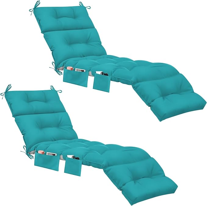 Kigley 2 Pcs Outdoor Chaise Lounge Cushions with 3 Side Pocket 74.5 x 22 x 4.7 Inch Patio Chaise Lounge Cushion, Water-Repellent and Fade-Resistant Tufted Summer Replacement(Royal Blue)
