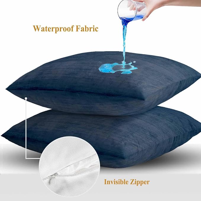 Vandarllin Outdoor Throw Pillows Covers 20x20 inch Set of 2 Waterproof Navy Blue Linen Decorative Zippered Cushion Covers for Patio Furniture, Solid Color Texture Lumbar Pillowcases