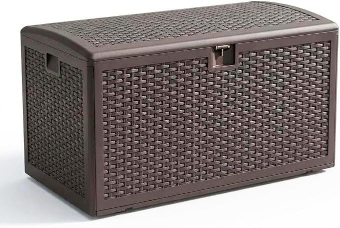 99 Gallon Waterproof Resin Deck Box - Outdoor Storage Bench with Hydraulic Lift Lid & Lockable Design - Wicker Texture Weather-Resistant Storage for Patio Cushions, Pool Toys & Garden Tools