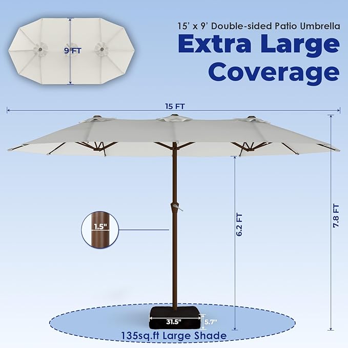 BRIOPAWS 15-FT-Large-Patio-Umbrella-with-Base | Double-Sided | Outdoor Table Umbrellas | w/Crank Handle | 12 Sturdy Fiberglass Rib | UV-Protection | for Garden Deck Backyard Pool | Beige