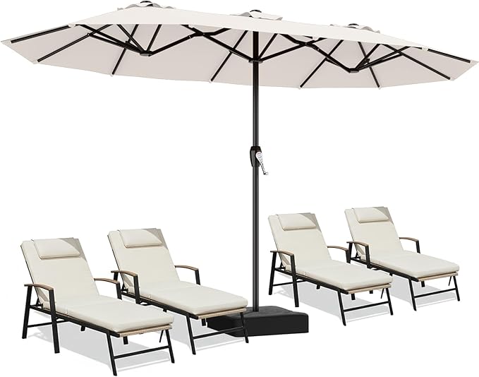 AreShark 15ft Patio Umbrella with Base, Double Sided Outdoor Umbrella with 12 Fiberglass Ribs, Large Outdoor Umbrella for Garden, Pool, Deck, Backyard & Market, Cream White
