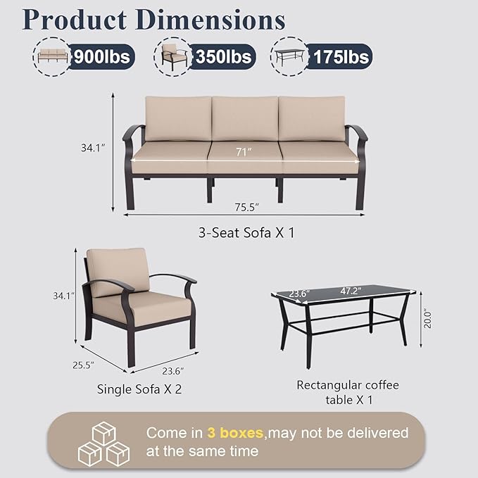 ALAULM Aluminum Patio Furniture Set with Coffee Table Rectangular，5-seat Outdoor Sectional Furniture w/Swivel Chairs，Patio Conversation Set for Porch, Backyard, Poolside-Sand
