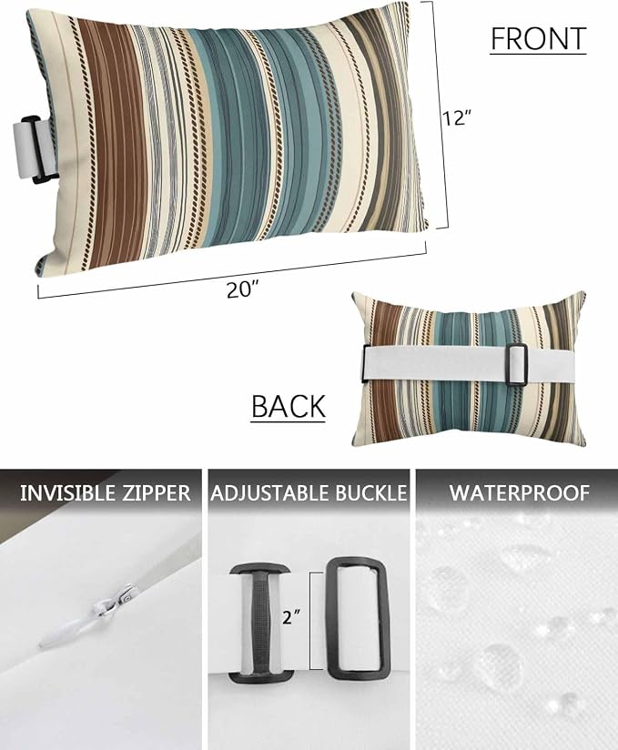 Outdoor Pillows Covers with Inserts Boho Style Stripe Vertical Stripe Waterproof Recliner Pillow with Adjustable Strap Throw Pillows for Patio Furniture Pool Lounge Chair, 12x20 inch, 2PCS