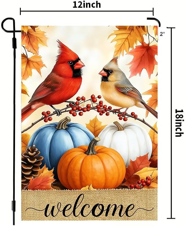 Welcome Fall Pumpkin Cardinal Garden Flags 12x18 Double Sided, Small Burlap Autumn Thanksgiving Farmhouse Outdoor Fall Decorations Yard Porch Lawn Flags for Outside