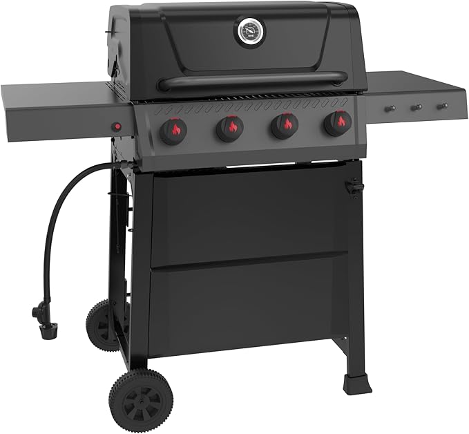 Feasto 4-Burner Gas BBQ Grill with Side Tables, 36,000 BTU Outdoor Propane Grill with Premium Enameled Coated Chamber Body & Porcelain-Enameled Stamped Grates for Deck Party & Patio BBQ, Black