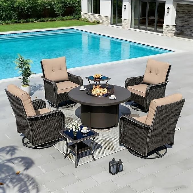 Outdoor Swivel Rocking Chairs Set 7 Piece Patio Furniture Set with 40,000 BTU Round Fire Pit Side Table for Poolside Deck Backyard Garden