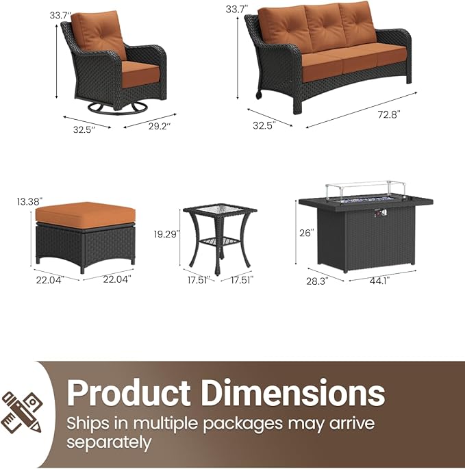 7 Pieces Outdoor Furniture Set with 6-inch Cushions, High Back Wicker Swivel Rocker Chairs with Fire Pit Table, Luxury Conversation Set for Deck Patio and Poolside