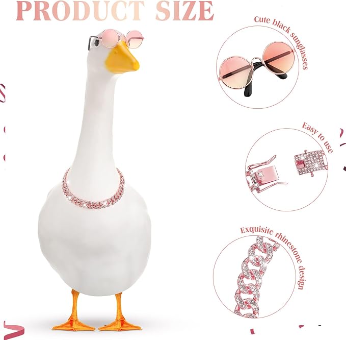 Shyyween Chain Collar and Sunglasses Porch Goose Outfits for Plastic Goose 23"/ 17'' Lawn Geese Statue Sunglasses Collar for Garden Geese Retro Pet Cosplay Party Yard(Pink,Rhinestone)