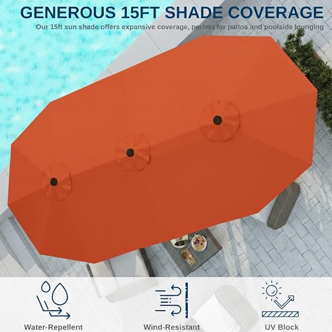 15FT Large Patio Umbrella with Base, Double Sided Rectangular Outdoor Umbrella with Sturdy Fiberglass Ribs, UPF 50+ Sun Protection, Wind-Resistant, Waterproof Fade-Resistant Fabric for Pool, Garden, Backyard, Deck(Orange)