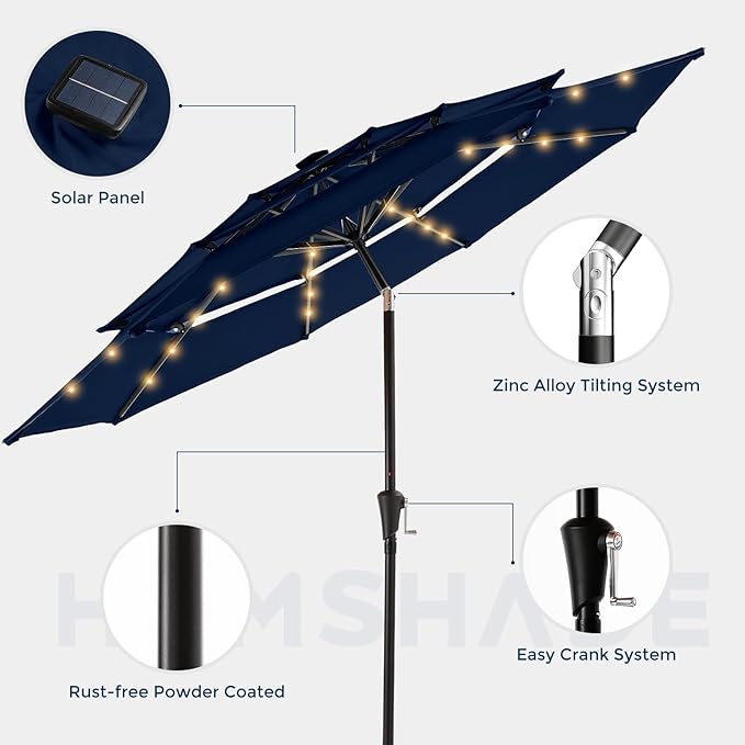 HOMSHADE 9FT 3-Tier Solar Patio Umbrella Heavy Duty,Vented Market Table Umbrella Windproof with 32 LED Lights,UPF50+,5-Year Fade Resistant,8 Thicker Ribs for Pool,Lawn,Garden,Deck (Navy Blue,No Base)