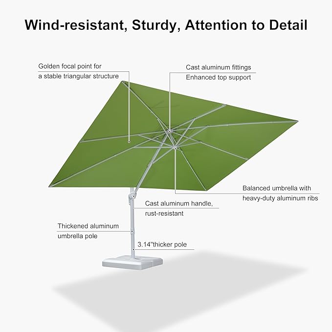 PURPLE LEAF 9' × 11.5' Patio Umbrella With Base White Cantilever Umbrella Square Outdoor Offset Umbrella Windproof with 360° Rotation for Garden Deck Pool, Macaw Green