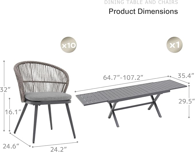 SUNSITT 11 Piece Outdoor Patio Dining Set, 65" - 107" Metal Expandable Outdoor Dining Table with X-Shape Legs, 10 Woven Wicker Outdoor Patio Chairs w/Removable Cushions for Garden, Dark Grey