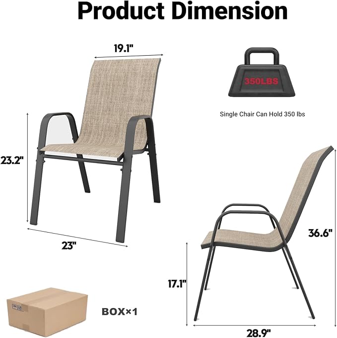 5 Piece Patio Dining Set, Stackable Outdoor Chairs Set of 4 with Textilene Fabric, 37.8" Wood-Grain Square Table with Umbrella Hole for Backyard Lawn Party (1 Table + 4 Chairs) (Brown)