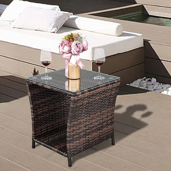 Outdoor Wicker Side Table, 18.1" Square End Table with Tempered Glass Top & Storage Shelf, Resin Wicker Coffee Table for Patio, Porch, Backyard, Balcony,Brown