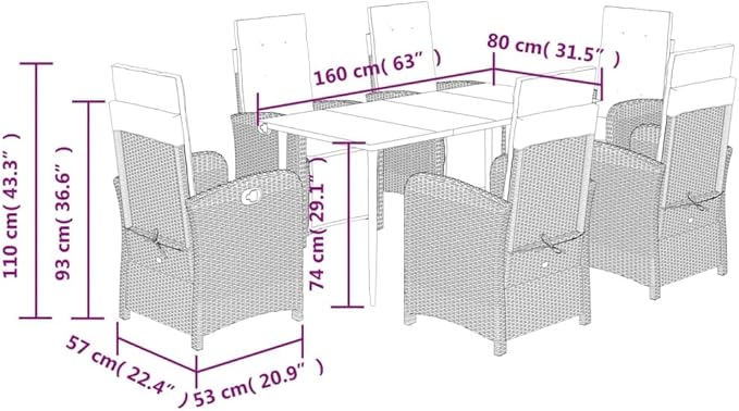 Backyard Furniture Patio Conversation Sets Outdoor Seating 7 Piece Patio Dining Set with Cushions Gray Poly Rattan Suitable for Gardens, Balconies, Decks