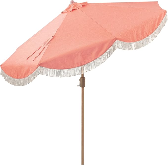 Tempera 9ft Auto Tilt Melon Red Scalloped Patio Umbrellas with Fringe, Outdoor Table Umbrellas with Fade Resistant Canopy,8 Sturdy Rids,Luxurious Vintage Umbrellas for Lawn,Pool,Balcony