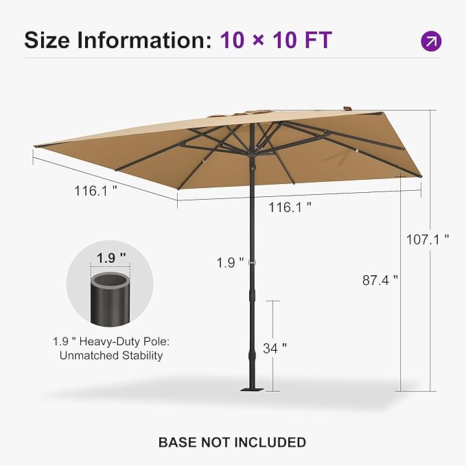 PURPLE LEAF 10' x 10' Square Semi-Auto Outdoor Patio Umbrella Aluminium Market Umbrella Table Sun Umbrella with 1.89" Rod and 8 Sturdy Ribs for Deck Lawn Pool Garden, Beige