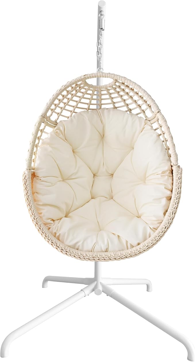 Hanging Egg Chair Swing Chair with Stand Wicker Rattan Chair for Indoor Outdoor Patio Bedroom Hammock Chair with Steel Frame and Cushion (Color: Beige)