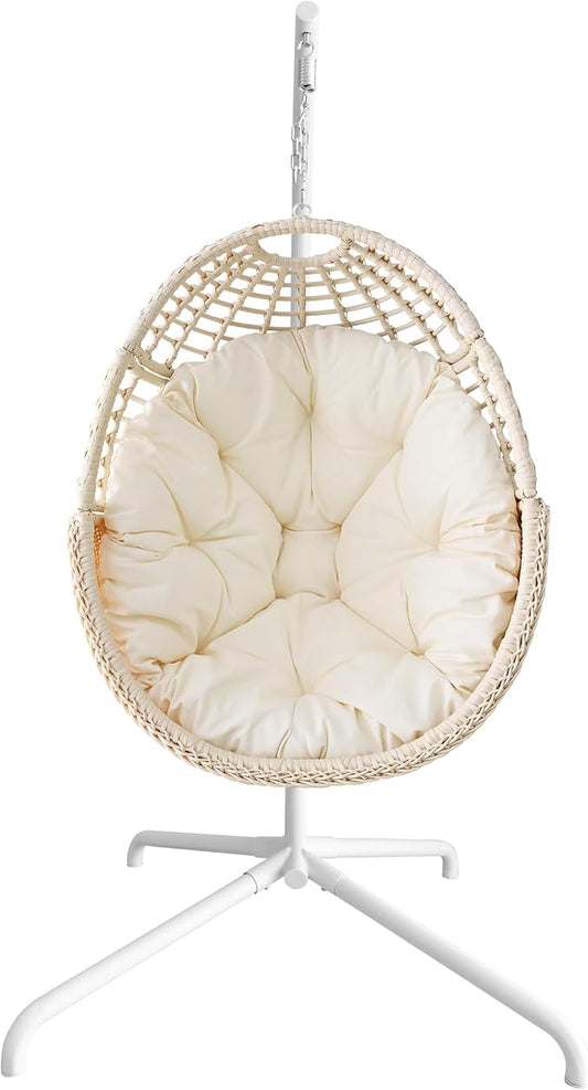 Eremi Hanging Egg Chair with Stand, Indoor Outdoor Wicker Rattan Swing Hammock Chair for Patio Porch Bedroom, Beige Cushioned Lounge Chair, 400 LBS Capacity