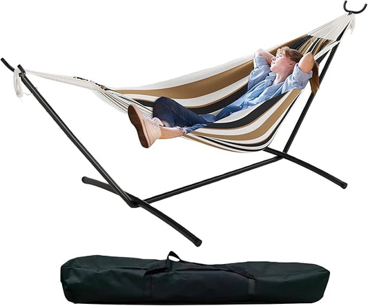 Double Hammock with Stand - Heavy Duty 450lbs Capacity, Portable Cotton Hammock for Two Adults, Indoor & Outdoor Use with Travel Bag(Coffee)