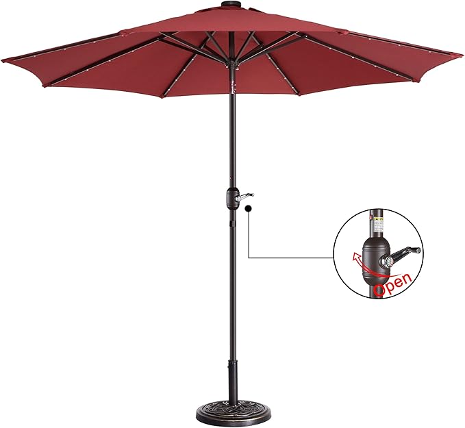 Pure Garden Villacera 9-Foot LED Outdoor Patio Umbrella with Solar Lights with Base, Red