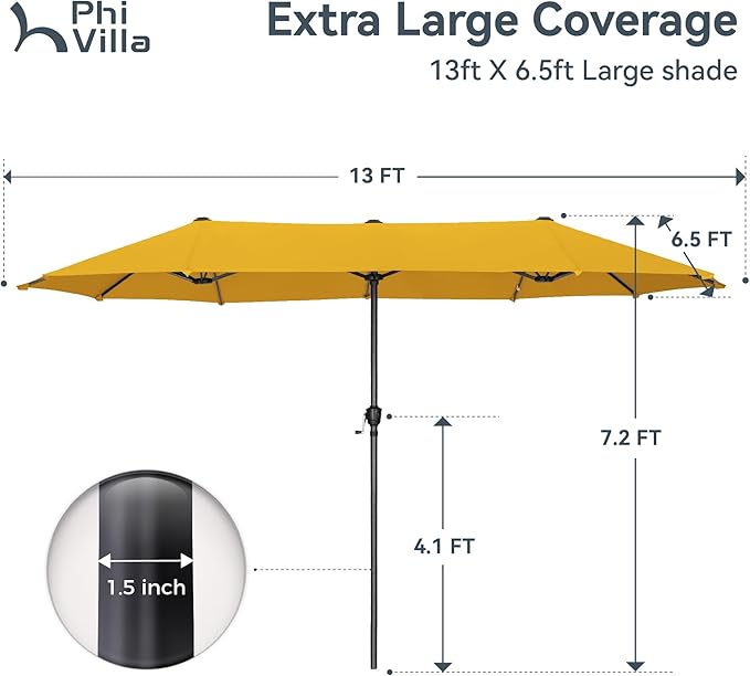 PHI VILLA 13ft Large Patio Umbrellas, Double-Sided Outdoor Market Rectangle Umbrella for Outside, Golden Yellow